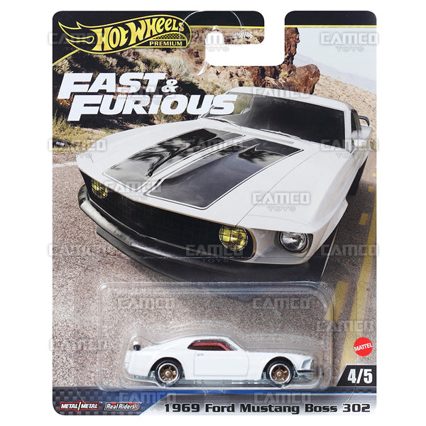 1969 Ford Mustang Boss 302 4/5 white - 2024 Hot Wheels Premium Fast & Furious Case F Assortment 1:64 Diecast with Real Riders HNW46-956F by Mattel.