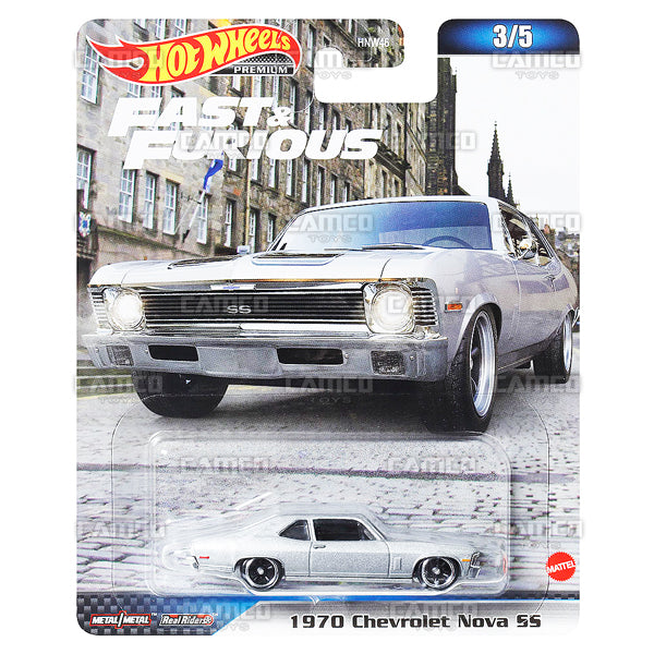1970 Chevrolet Nova SS 3/5 silver - 2023 Hot Wheels Premium Fast & Furious Case D Assortment 1:64 Diecast with Real Riders HNW46-956D by Mattel.