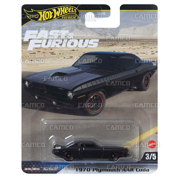 1970 Plymouth AAR Cuda 3/5 black - 2024 Hot Wheels Premium Fast &amp; Furious Case E Assortment 1:64 Diecast with Real Riders HNW46-956E by Mattel.