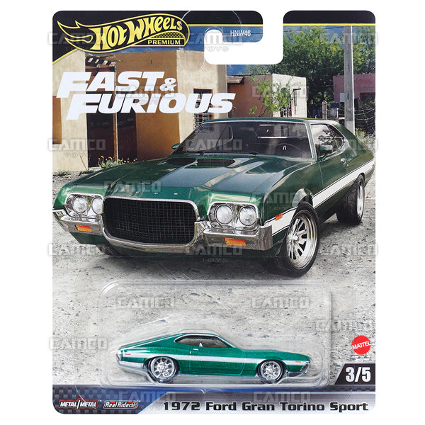 1972 Ford Gran Torino Sport 3/5 green - 2024 Hot Wheels Premium Fast &amp; Furious Case F Assortment 1:64 Diecast with Real Riders HNW46-956F by Mattel.