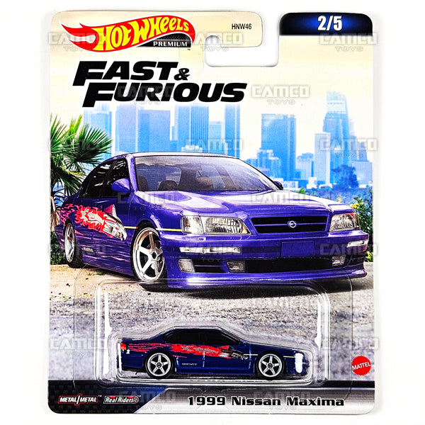 1999 Nissan Maxima 2/5 blue - 2023 Hot Wheels Fast & Furious C Case Assortment Premium 1:64 Diecast with Real Riders HNW46-956C by Mattel.