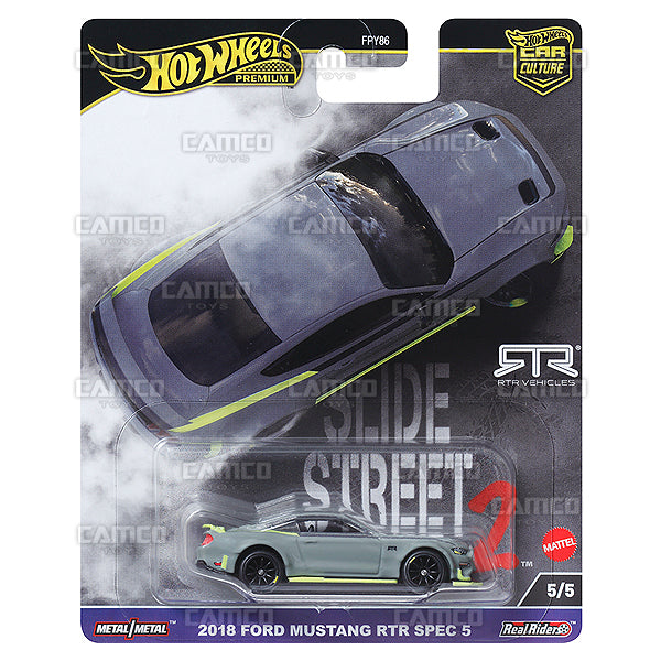 2018 Ford Mustang RTR Spec 5 5/5 nardo gray - 2024 Hot Wheels Premium Car Culture Slide Street 2 - Case H - 1:64 Diecast Assortment Metal/Metal with Real Riders FPY86-959H by Mattel.