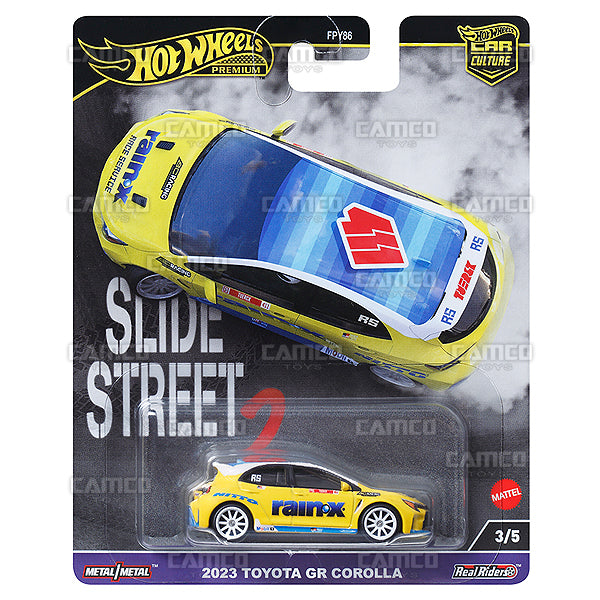 2023 Toyota GR Corolla 3/5 yellow Rain-X - HKC82 - 2024 Hot Wheels Premium Car Culture Slide Street 2 - Case H - 1:64 Diecast Assortment Metal/Metal with Real Riders FPY86-959H by Mattel.