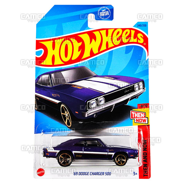 69 Dodge Charger 500 #240 purple - HKJ46 - Then and Now 8/10 - 2023 Hot Wheels Basic Mainline 1:64 DieCast Case Assortment L2593 by Mattel. UPC 194735103164
