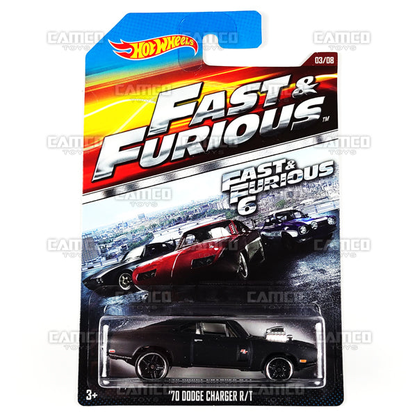 70 Dodge Charger R/T 03/08 black - Fast &amp; Furious 6 - CMJ23 - 2015 Hot Wheels Basic Mainline Fast &amp; Furious (Walmart Exclusive) 1:64 diecast Case Assortment CKJ49 by Mattel. UPC: 887961115376