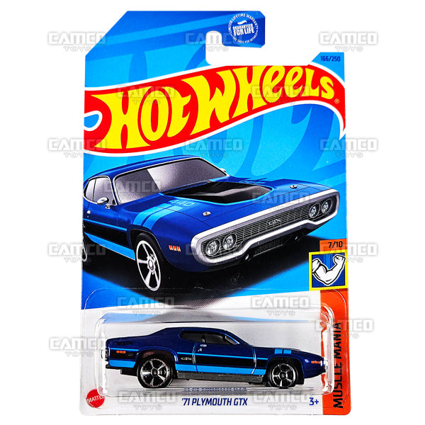 71 Plymouth GTX #166 blue - HKK91 - Muscle Mania 7/10 - 2023 Hot Wheels Basic Mainline 1:64 DieCast Case Assortment L2593 by Mattel. UPC 194735103164