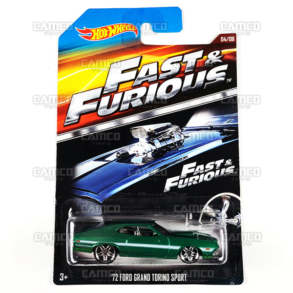 72 Ford Grand Torino Sport 04/08 green - Fast & Furious - CJL33 - 2015 Hot Wheels Basic Mainline Fast & Furious (Walmart Exclusive) 1:64 diecast Case Assortment CKJ49 by Mattel. UPC: 887961115376
