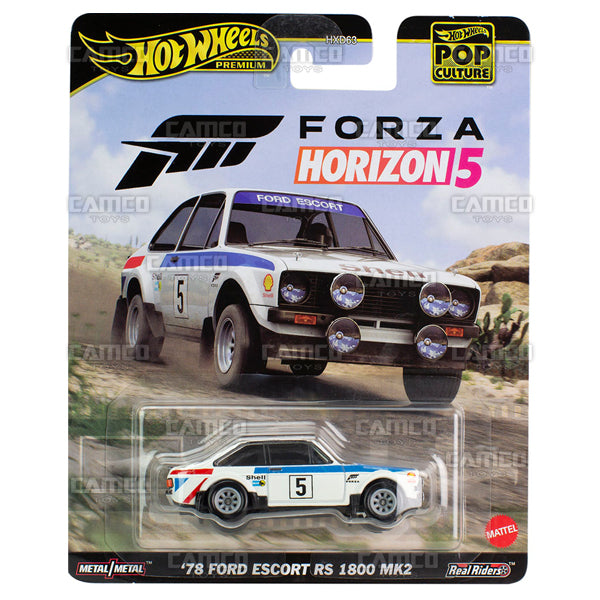 2024 Hot Wheels - 78 Ford Escort RS 1800 MK2 white (HKC23) - Forza Horizon 5 - Premium Pop Culture Case A Assortment 1:64 Diecast with Real Riders HXD63-956A by Mattel. UPC 194735100163