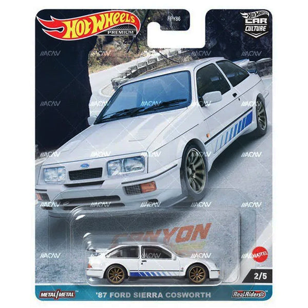 87 Ford Sierra Cosworth 2/5 white - 2023 Hot Wheels Premium Car Culture CANYON WARRIORS C Case 1:64 diecast Assortment FPY86-959C by Mattel.