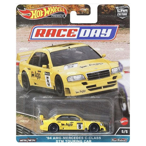 94 AMG-Mercedes C-Class DTM Touring Car 5/5 yellow - 2023 Hot Wheels Premium 1:64 Car Culture RACE DAY D Case Assortment Metal/Metal with Real Riders FPY86-959D by Mattel.