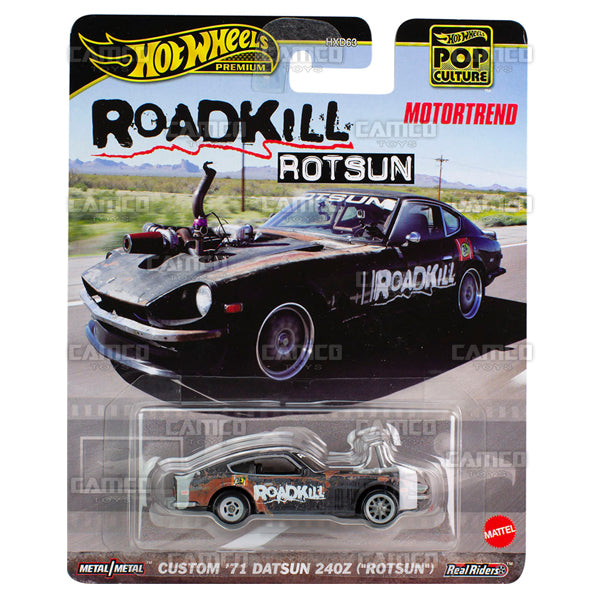 2024 Hot Wheels - Custom 71 Datsun 240z (Rotsun) HKC37 - Roadkill Rotsun Motortrend - Premium Pop Culture Case A Assortment 1:64 Diecast with Real Riders HXD63-956A by Mattel. UPC 194735100033