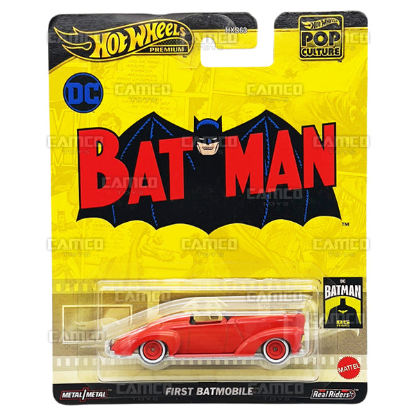 2024 Hot Wheels - First Batmobile red (HVJ40) - Batman DC - Premium Pop Culture Case B Assortment 1 64 Diecast with Real Riders HXD63-956B by Mattel UPC 194735205417