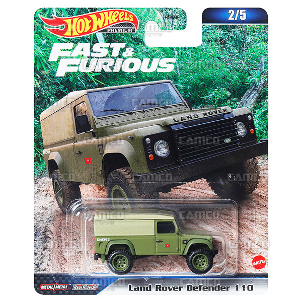 Land Rover Defender 110 2/5 green - 2023 Hot Wheels Premium Fast &amp; Furious Case D Assortment 1:64 Diecast with Real Riders HNW46-956D by Mattel.