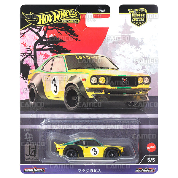 Mazda RX-3 5/5 yellow - HRV84 - 2024 Hot Wheels Premium Car Culture Japan Historics 4 Case B 1:64 Diecast Assortment Metal/Metal with Real Riders FPY86-961B by Mattel.