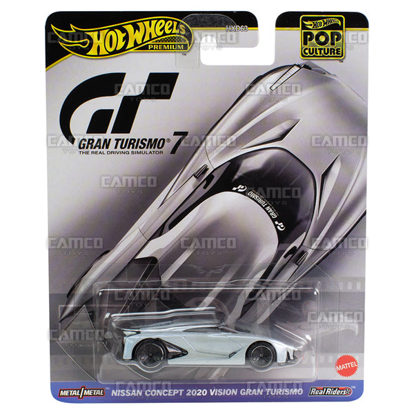2024 Hot Wheels - Nissan Concept 2020 Vision (Silver) HKC38 - Gran Turismo 7 - Premium Pop Culture Case B Assortment 1:64 Diecast with Real Riders HXD63-956B by Mattel. UPC 194735099986