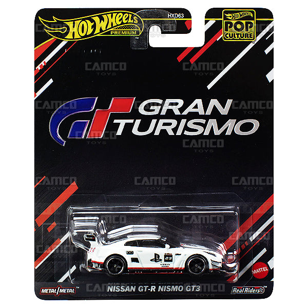 Nissan GT-R Nismo GT3 white (HVJ34) Gran Turismo - 2024 Hot Wheels Premium Pop Culture Case C Assortment 1:64 Diecast Metal/Metal with Real Riders HXD63-956C by Mattel.