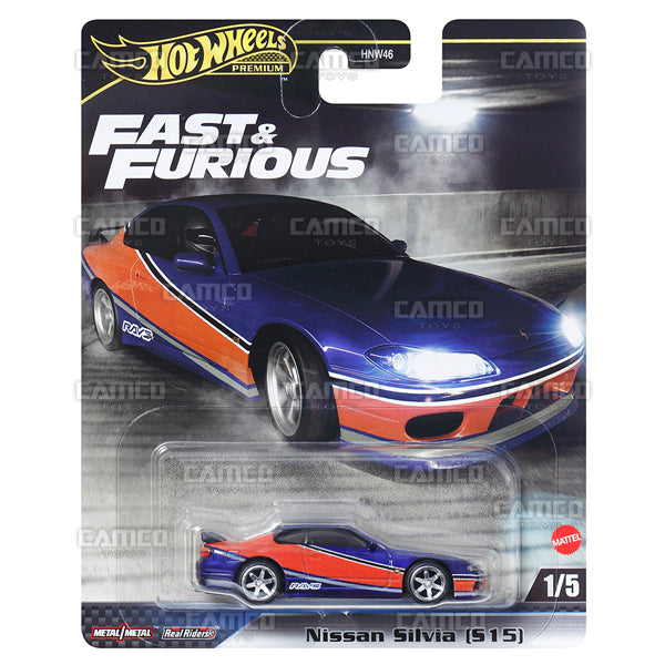 Nissan Silvia S15 1/5 blue - 2024 Hot Wheels Premium Fast & Furious Case F Assortment 1:64 Diecast with Real Riders HNW46-956F by Mattel.