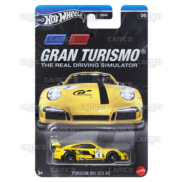 Porsche 911 GT3 RS #3 yellow - HRV65 - 2024 Hot Wheels Gran Turismo 1:64 diecast Case Assortment GDG83-957E by Mattel. UPC 194735186358