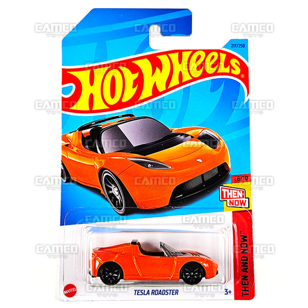 TESLA ROADSTER #217 orange HKJ44 - Then and Now 6/10 - 2023 Hot Wheels Basic Mainline 1:64 DieCast Case Assortment C4982 by Mattel.