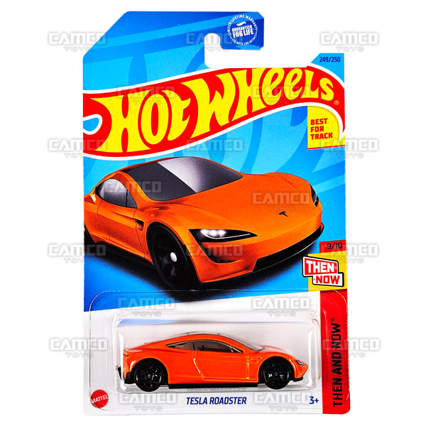 Tesla Roadster #249 orange - HKJ47 - Then and Now 9/10 - 2023 Hot Wheels Basic Mainline 1:64 DieCast Case Assortment L2593 by Mattel. UPC 194735103164