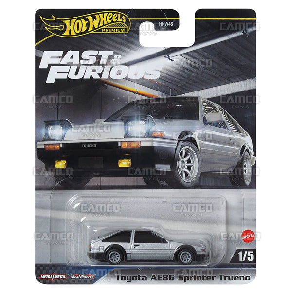 Toyota AE86 Sprinter Trueno 1/5 silver - 2024 Hot Wheels 1:64 Premium FAST & FURIOUS Case E Assortment with Real Riders HNW46-956E by Mattel
