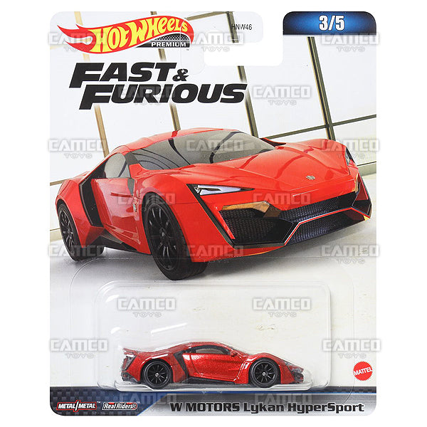 W Motors Lykan Hyper Sport 3/5 - 2023 Hot Wheels Premium Fast & Furious B Case Assortment 1:64 Diecast with Real Riders HNW46-956B by Mattel.