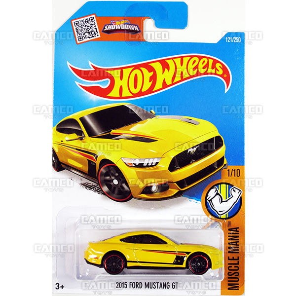 2015 Ford Mustang GT #121 Yellow (Muscle Mania) - from 2016 Hot Wheels Basic Case Worldwide Assortment C4982 by Mattel.