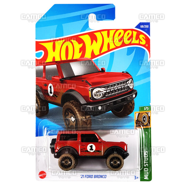21 Ford Bronco #68 red - Mud Studs - 2022 Hot Wheels Basic Mainline 1:64 Diecast Case Assortment C4982 by Mattel.