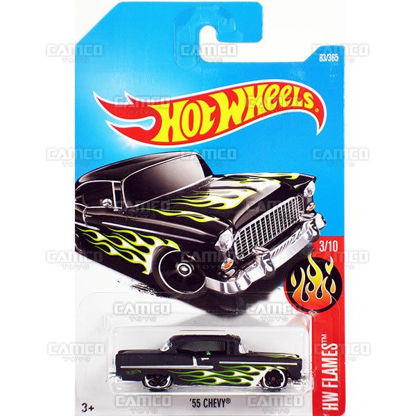55 Chevy #83 black (HW Flames) - from 2017 Hot Wheels basic mainline D case Worldwide assortment C4982 by Mattel.