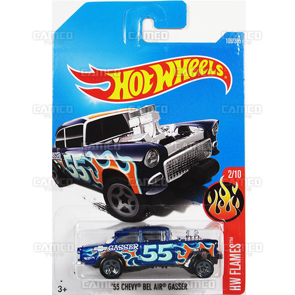 55 Chevy Bel Air Gasser #109 blue (HW Flames) - from 2017 Hot Wheels basic mainline E case Worldwide assortment C4982 by Mattel.