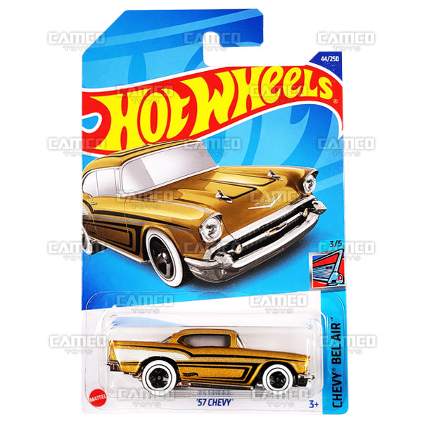 57 Chevy #44 gold - Chevy Bel Air series - 2022 Hot Wheels Basic Mainline 1:64 Diecast Case Assortment C4982 by Mattel.