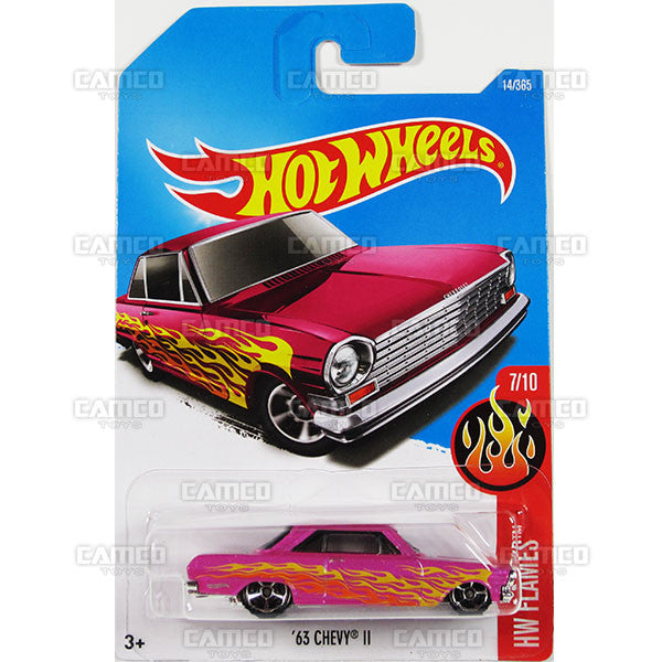 63 Chevy II #14 pink (HW Flames) - from 2017 Hot Wheels basic mainline A case Worldwide assortment C4982 by Mattel.