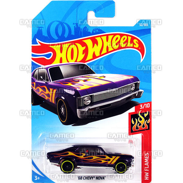 68 Chevy Nova #32 purple (HW Flames) - 2018 Hot Wheels Basic Mainline B Case Assortment C4982 by Mattel.