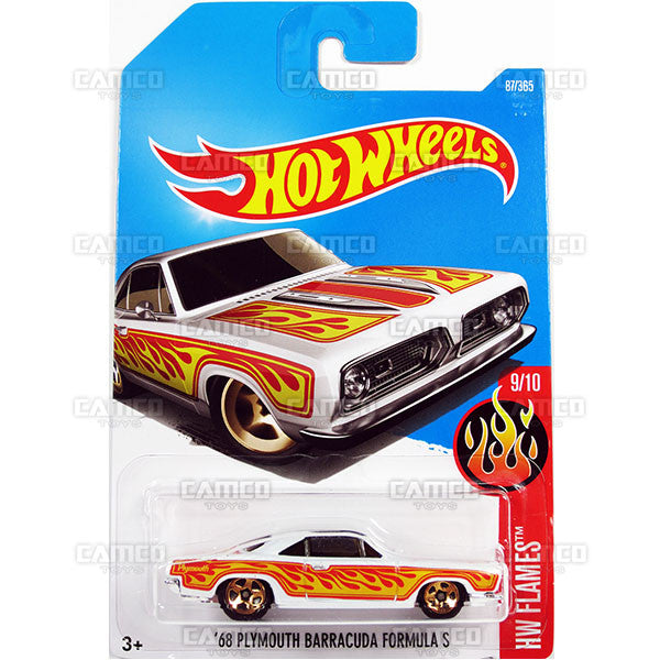 68 Plymouth Barracuda Formula S #87 white (HW Flames) - from 2017 Hot Wheels basic mainline D case Worldwide assortment C4982 by Mattel.