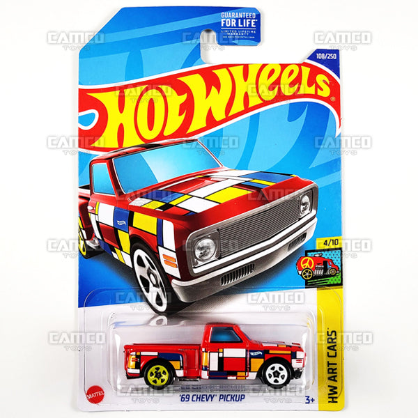 69 Chevy Pickup #108 red - HW Art Cars - 2022 Hot Wheels Basic Mainline Case Assortment L2593 by Mattel.