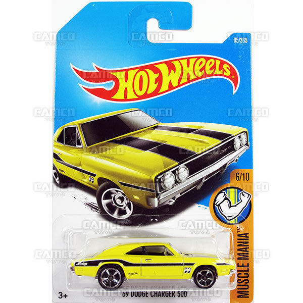 69 Dodge Charger 500 #95 yellow MOONEYES ( Muscle Mania) - from 2017 Hot Wheels basic mainline D case Worldwide assortment C4982 by Mattel.