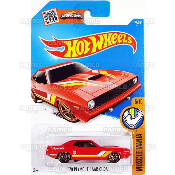 70 Plymouth AAR Cuda #125 red (Muscle Mania) - from 2016 Hot Wheels Basic Case Worldwide Assortment C4982 by Mattel.