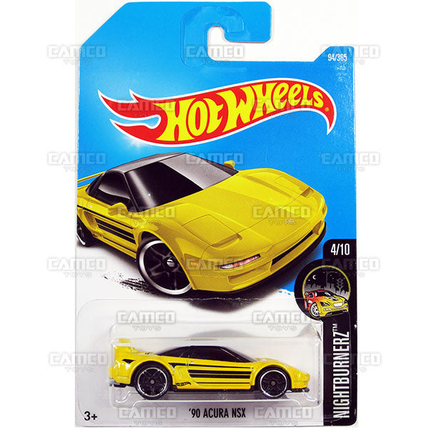 90 Acura NSX #94 yellow (Night Burnerz) - from 2017 Hot Wheels basic mainline D case Worldwide assortment C4982 by Mattel.