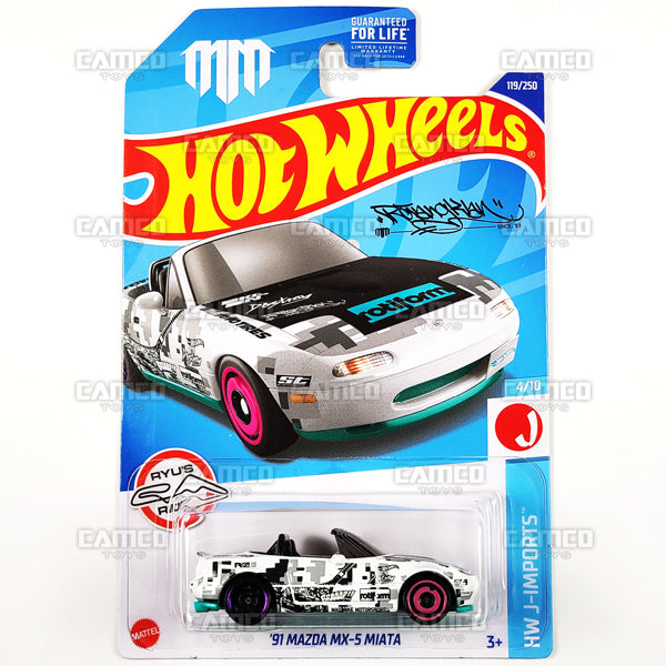 91 Mazda MX-5 Miata #119 white (Ryu's Rides) - HW J-Imports - 2022 Hot Wheels Basic Mainline Case Assortment L2593 by Mattel.