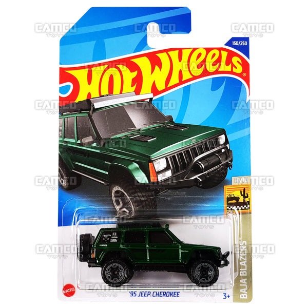 95 Jeep Cherokee #150 green - Baja Blazers - 2022 Hot Wheels Basic Mainline 1:64 Diecast Case Assortment C4982 by Mattel.