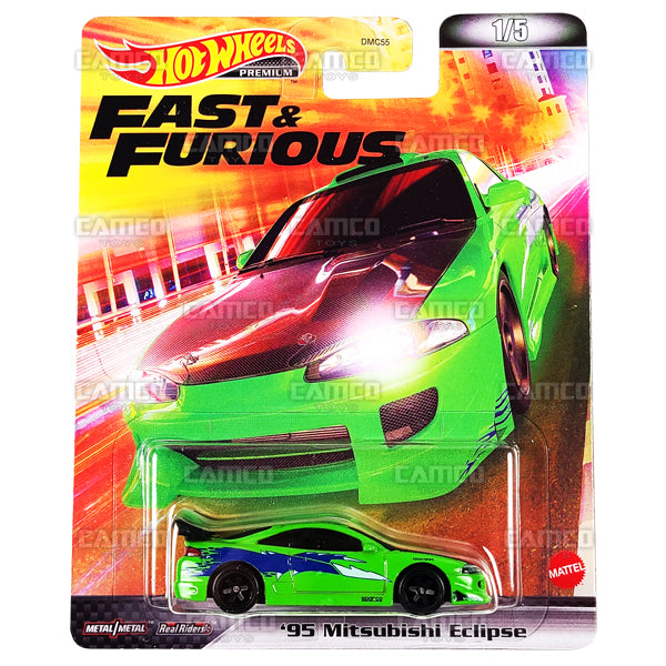 95 Mitsubishi Eclipse #1 green - 2022 Hot Wheels 1:64 Premium Fast &amp; Furious Retro Replica Entertainment L Case Assortment DMC55-957L by Mattel.