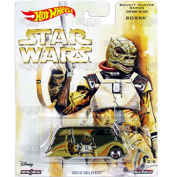 DECO DELIVERY Bossk - DWH23 - Star Wars Bounty Hunters Series - 2017 Hot Wheels Premium Pop Culture Case L Assortment 1:64 diecast with Real Riders &amp; Metal/Metal DLB45-956L by Mattel. UPC 887961381597