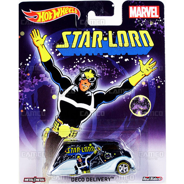 DECO DELIVERY - Star-lord - MARVEL - CFP61 - 2015 Hot Wheels Premium Pop Culture Case D Assortment 1:64 Diecast with Real Riders & Metal/Metal CFP34-956D by Mattel. UPC 887961059168