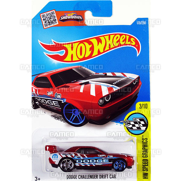 Dodge Challenger Drift Car #178 Red (HW Speed Graphics) - from 2016 Hot Wheels Basic Case Worldwide Assortment C4982 by Mattel.