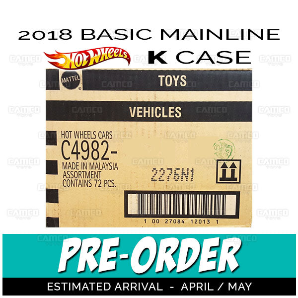 Factory Sealed case of 72 - 2018 Hot Wheels Basic Mainline K Case assortment C4982 by Mattel