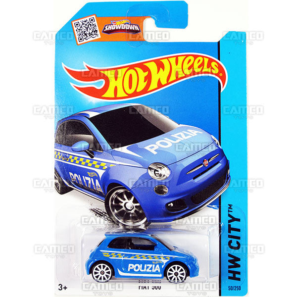 Fiat 500 #50 (CFH70) blue POLIZIA (HW City) - Treasure Hunt Card Error - 2015 Hot Wheels Basic Mainline 1:64 Die-cast Assortment C4982 by Mattel.