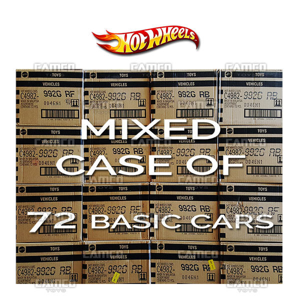 Mixed case of 72 cars from Hot Wheels basic mainline worldwide assortment C4982 by Mattel.