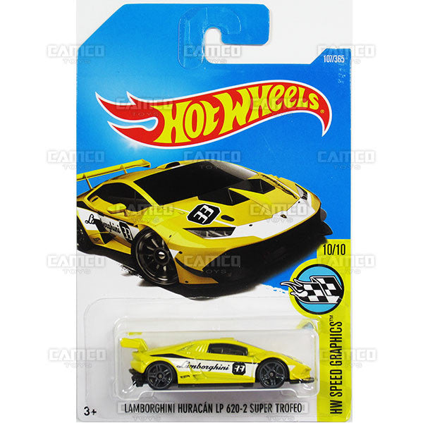 Lamborghini Huracan LP 620-2 Super Trofeo #107 yellow (HW Speed Graphics) - from 2017 Hot Wheels basic mainline E case Worldwide assortment C4982 by Mattel.