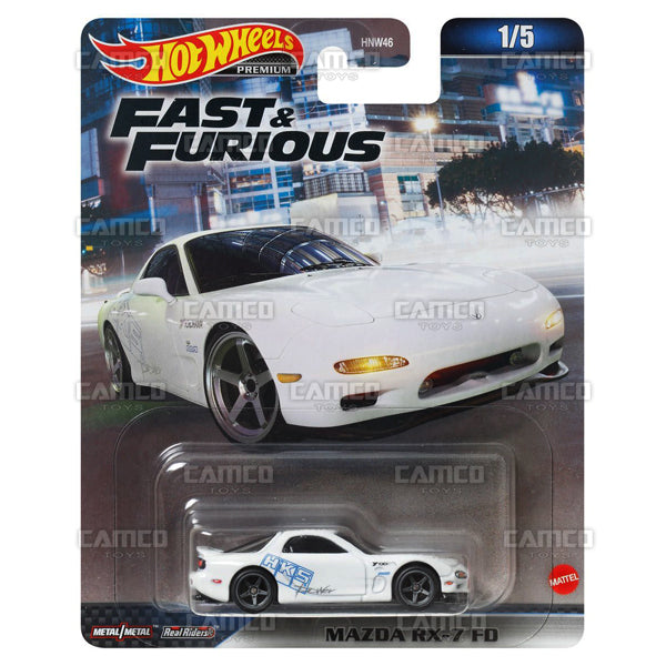 Mazda RX-7 FD #1 white HKS Racing - 2023 Hot Wheels 1:64 Premium Fast &amp; Furious A Case Assortment HNW46-956A by Mattel.