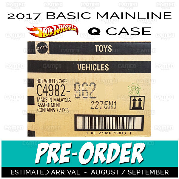 Factory Sealed case of 72 cars - 2017 Hot Wheels Basic Mainline Q Case assortment C4982 by Mattel.
